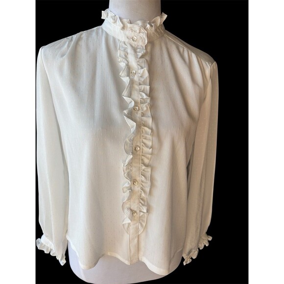 Vtg Handmade? Ivory Nubby Satin Edwardian Ruffle Neck Button Front Blouse Size M - Picture 1 of 11